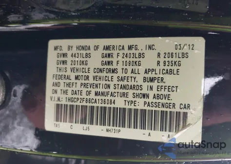2012 Honda Accord 2.4 Ex-L from USA, damaged, VIN 1HGCP2F86CA136084